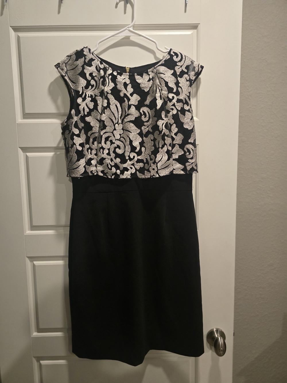 Tahari Black Dress with Silver Floral Brocade Bodice